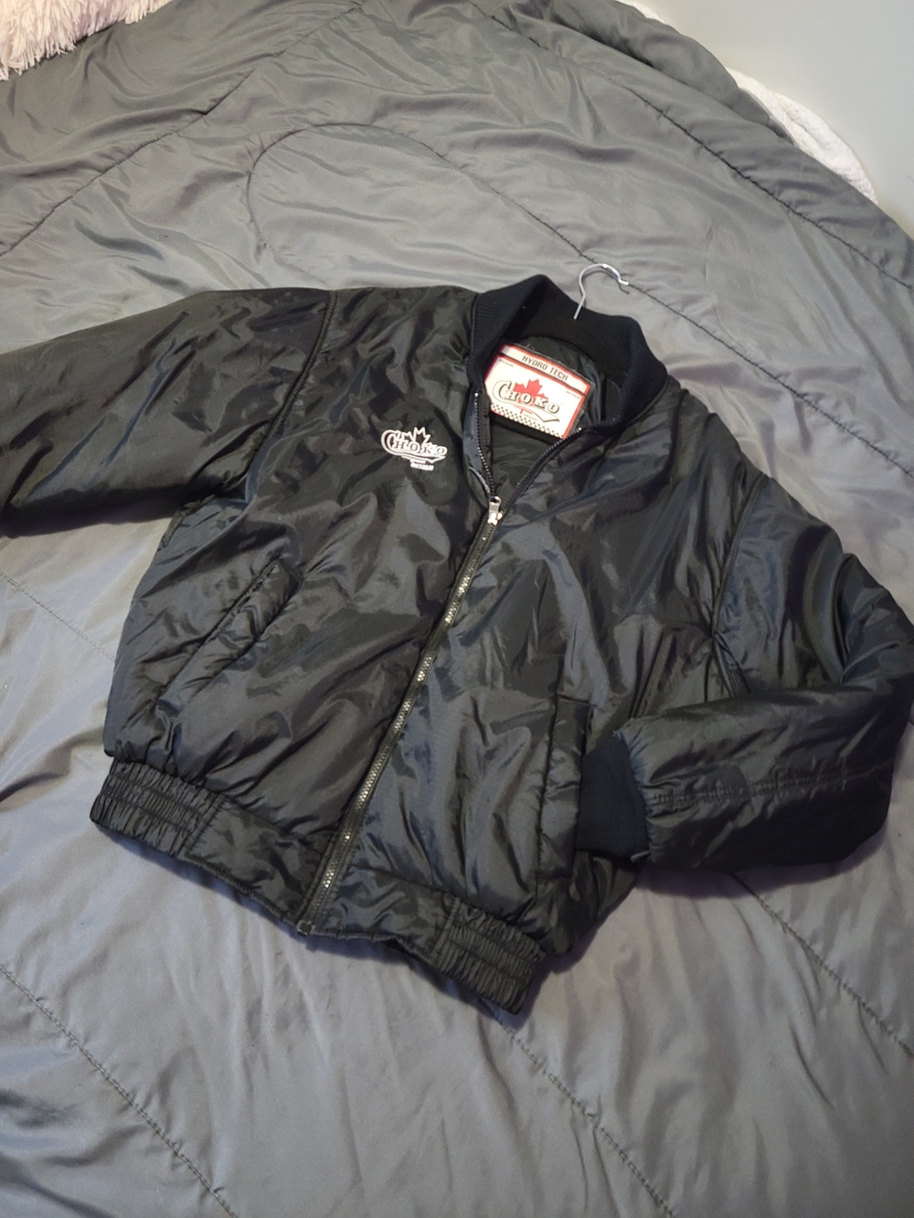 Choko Black Satin Bomber Jacket with Embroidered Logo